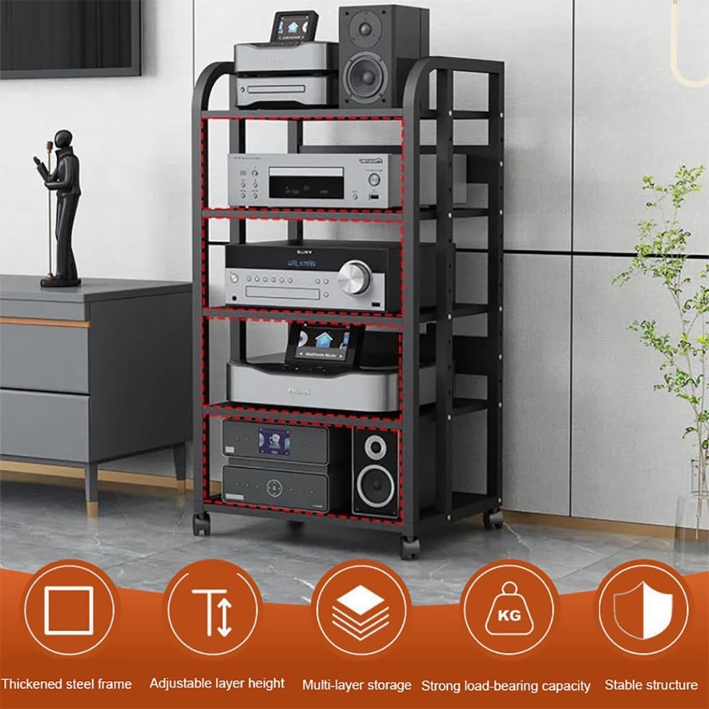 5-Tier Av Media Stand with Wheels, Audio Tower Rack with Adjustable Shelves, Stereo Racks and Stands with Storage Shelves, Media Console for Home, Office, Theater, Black