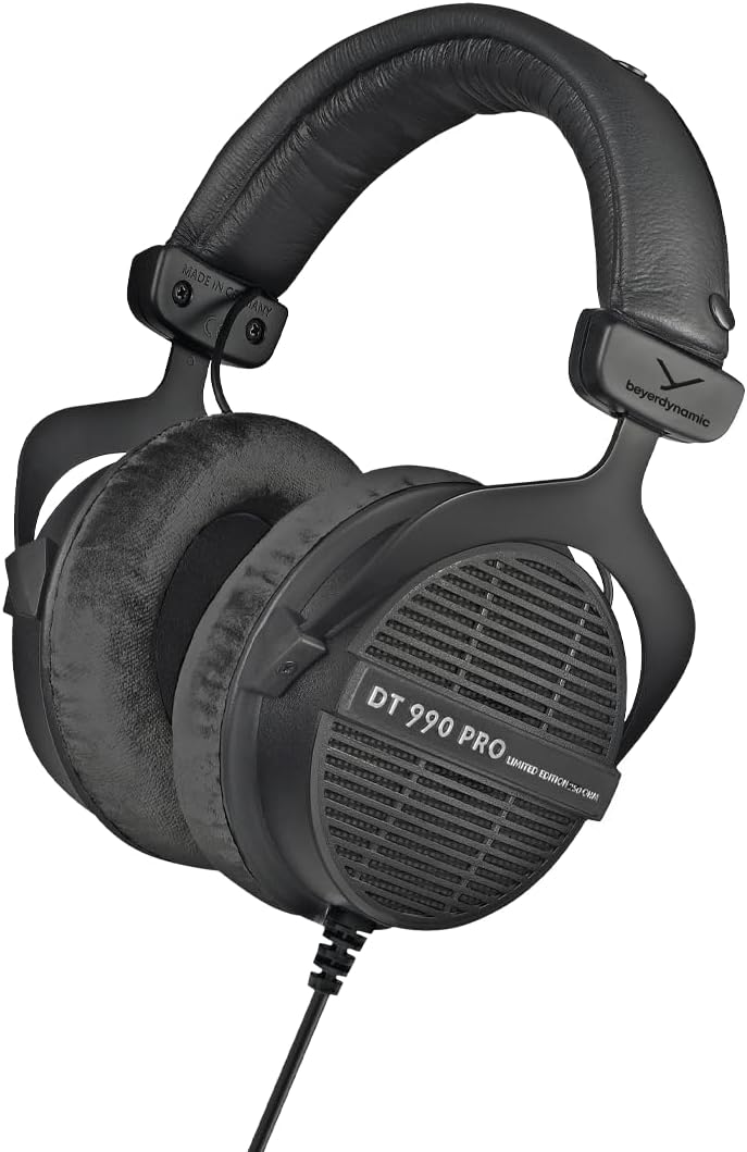 beyerdynamic DT 990 PRO, 250 Ohm, Open Back, Over Ear, Wired Headphones, 3m Coiled Cable, Black with Grey Velour Ear Pads
