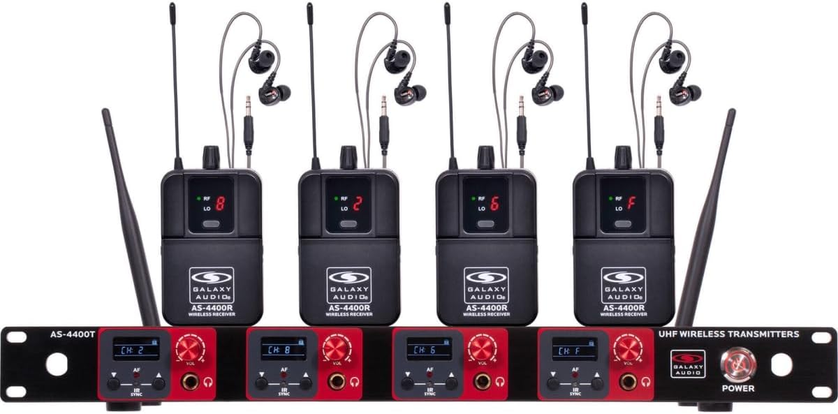 Galaxy Audio Quad Wireless in-Ear Monitor System, 508-535 MHz Frequency Range, 4-Transmitter 1U Rackmount Unit, 16 Selectable UHF Channels, Includes 4 Bodypack Receivers and EB5 Earbuds - AS4400M3