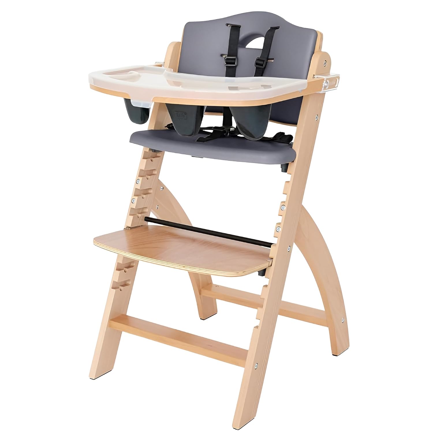 Abiie Beyond Junior Wooden High Chair for Babies and Toddlers - Convertible 3-in-1 Baby Highchair with Removable Tray - 6 Months to 250 Lb - Water Resistant - Natural Wood with Dark Grey Cushion