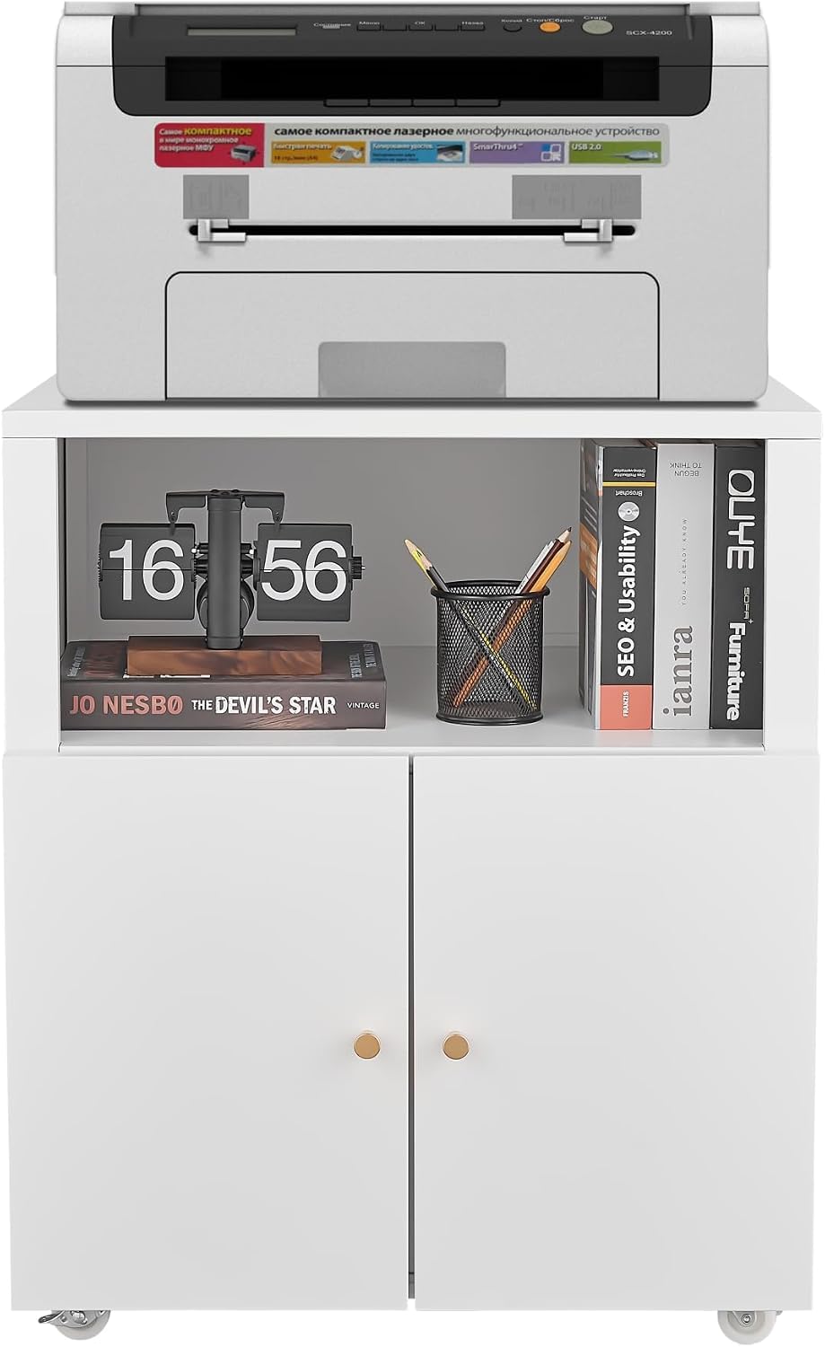 GarveeLife Metal Printer Cabinet with Storage, Heavy Duty Rolling 3D Printer Stand with 2 Doors, Under Desk File Cabinet for Home Office Corner and Small Spaces White