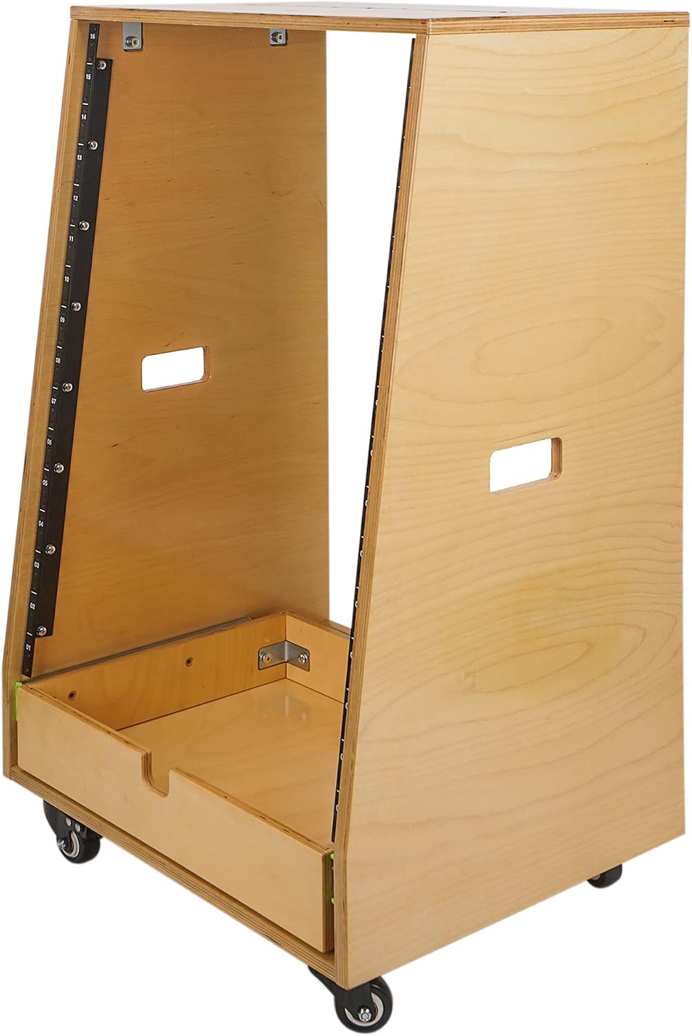 Sound Town 16U DIY Solid Baltic Birch Plywood Slanted Studio Rack with 16U Rack Space, Extra 2U Drawer, Rubber Feet, Casters, Golden Oak (SDRK-16TD2)