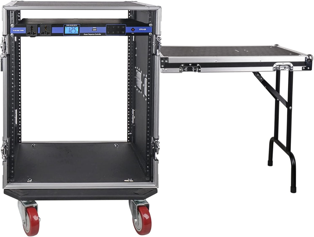 Sound Town PA DJ Combo with Heavy-Duty 1/2' (12mm) Plywood 14U Rack/Road ATA Case w/DJ Work Table, One 10 Outlet AC Power Conditioner/Sequencer (STRC-14TPSA28)