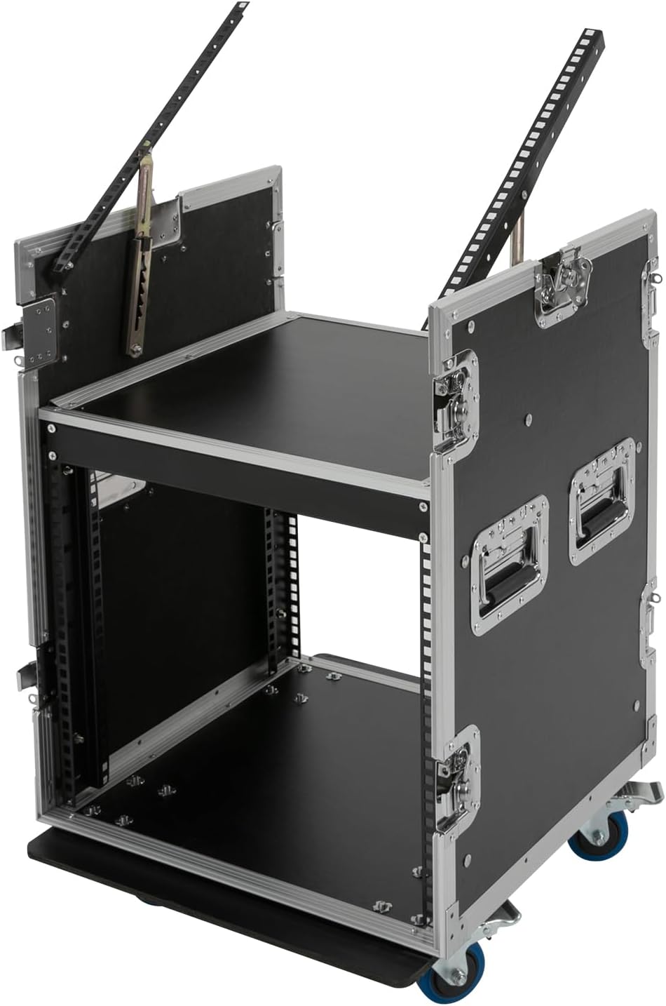 10U PA DJ Rack Road Case, PA DJ Pro Audio Amp Effect Rack Case with Two-Tier Design & 4 Wheels, Thickened Metal Wrapped Edge PA/DJ Cabinet for Studios Home Theatres KTVs Wedding Parties Etc