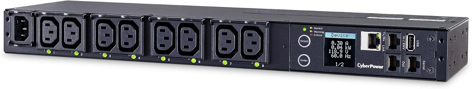 CyberPower PDU41004 Switched PDU, 100-240V/12A, (Derated to 12A UL /10A CE), 8 Outlets (C13), Input (C14) 10 ft. Cord, 1U Rackmount, 3 Year Warranty - Black