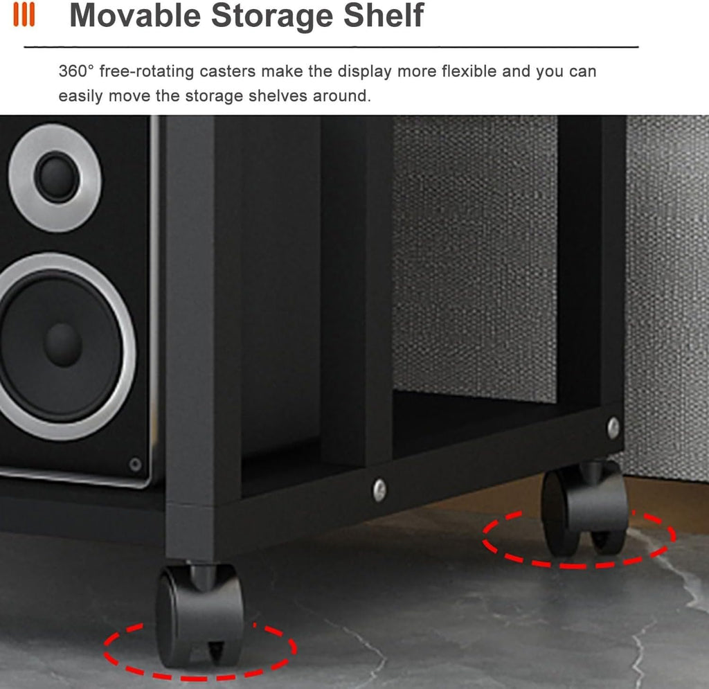5-Tier AV Media Stand, Audio-Video Shelving Adjustable, Rolling AV Rack Electronics Equipment Shelf Stereo Cabinet for Living, Gaming, Recording Room (Black)