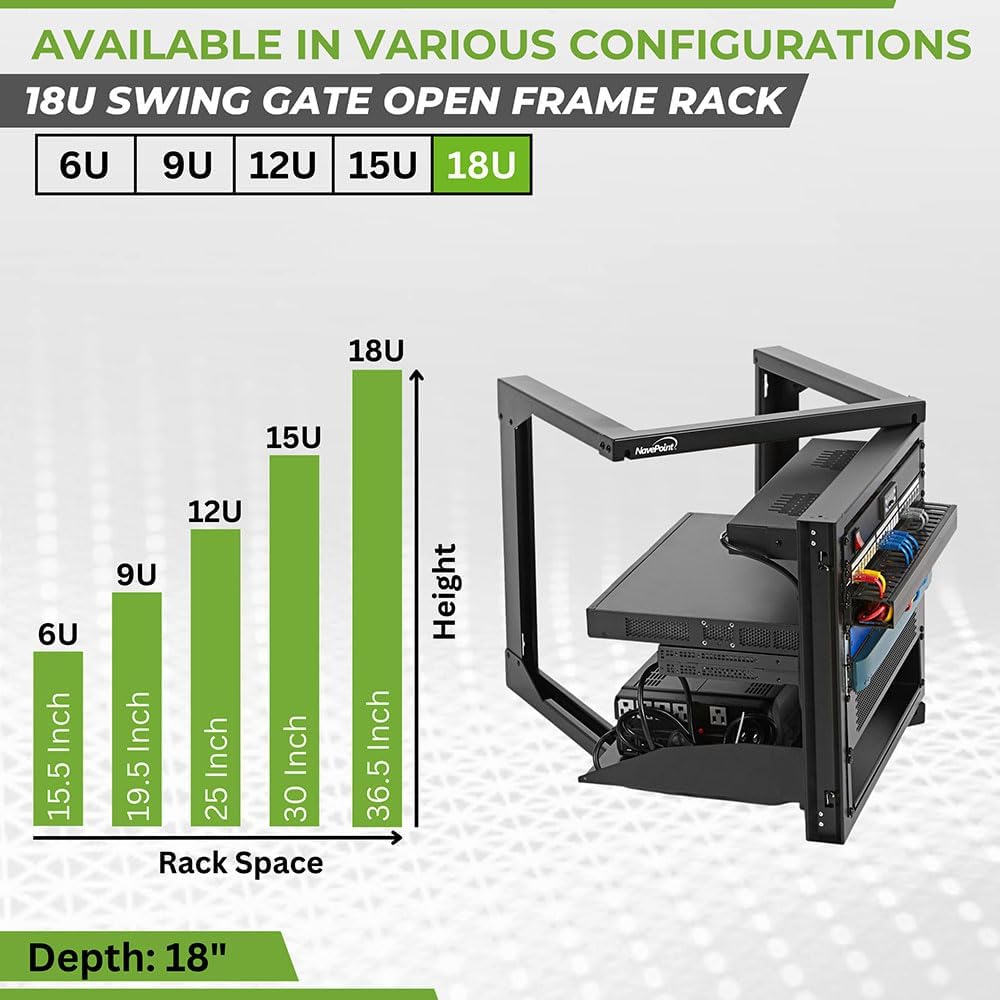 NavePoint 18U Server Rack with Swing Gate - Wall Mount Rack for 19 Inch IT & AV Equipment - Open Frame, Black