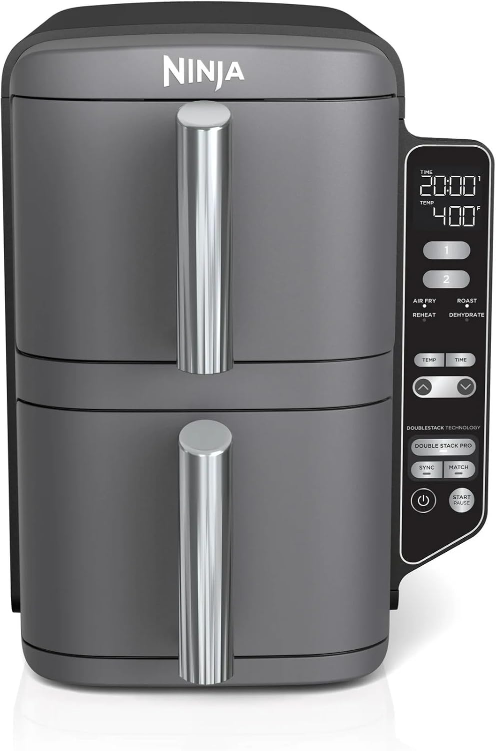 Ninja SL400 DoubleStack XL 2-Basket Air Fryer, 10 QT, Cooks 4 Foods at Once, Compact Design, 4-in-1, Smart Finish & Match Cook, Air Fry, Broil, Bake, Easy Meals, Easy Clean, Grey (Renewed)