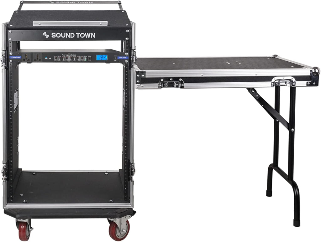 Sound Town PA DJ Combo with Heavy-Duty 1/2' (12mm) Plywood 16U Rack/Road ATA Case w/Slant Mixer Top, DJ Work Table, One 10 Outlet AC Power Conditioner/Sequencer (STMR-16TPS10)