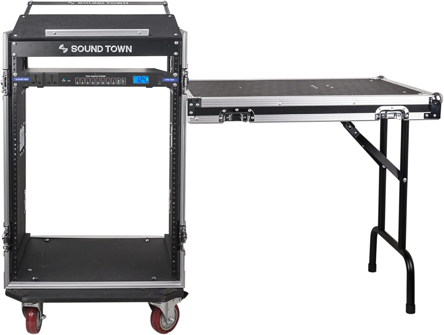 Sound Town PA DJ Combo with Heavy-Duty 1/2' (12mm) Plywood 16U Rack/Road ATA Case w/Slant Mixer Top, DJ Work Table, One 10 Outlet AC Power Conditioner/Sequencer (STMR-16TPS10)