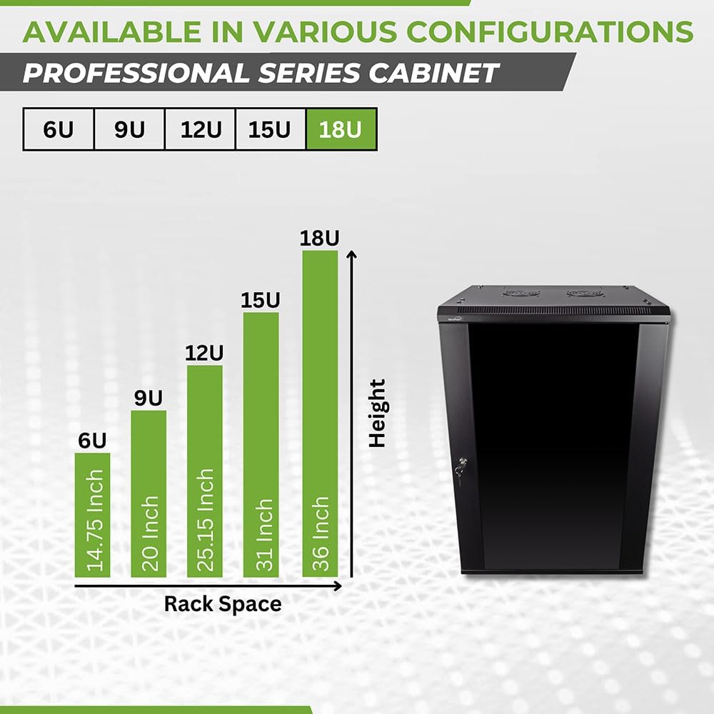 Navepoint 18U Deluxe IT Wallmount Cabinet Enclosure 19-Inch Server Network Rack with Locking Glass Door 16-Inches Deep Black