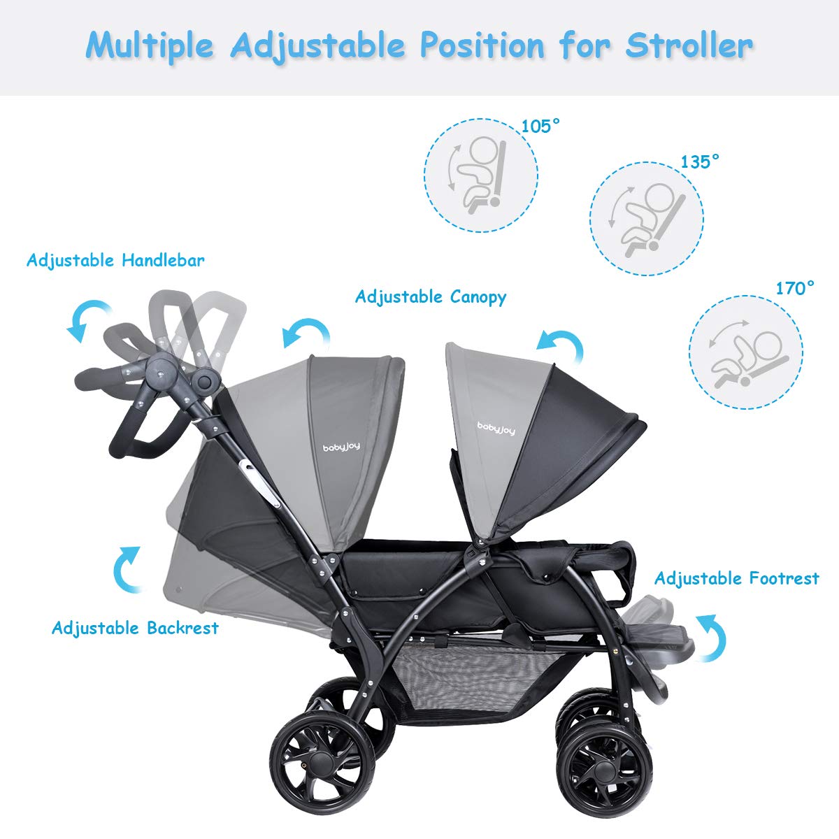 BABY JOY Double Stroller, Foldable Lightweight Twin Stroller with Tandem Seating, Adjustable Backrest/Canopy/Footrest, 5-Point Harness, Storage Basket, Newborn and Toddler (Black)