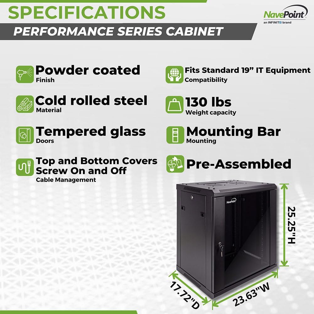NavePoint 12U Server Cabinet Wall Mount Rack Enclosure Includes 2 Fans, Locking Glass Door, Removable Side Panels – 12U Network Cabinet 17.7' Deep, 19 Inch Server Rack for IT and A/V Equipment