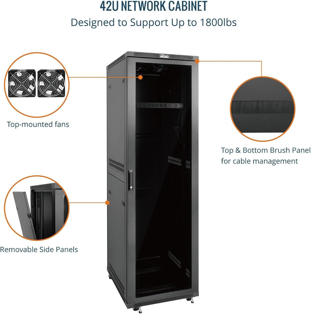 Tecmojo 42U Server Rack Network Cabinet 23.6' D x 23.6' W, Locking Data Cabinet Enclosure for 19' Server, Networking, AV & IT Equipment, Clear Door, Black