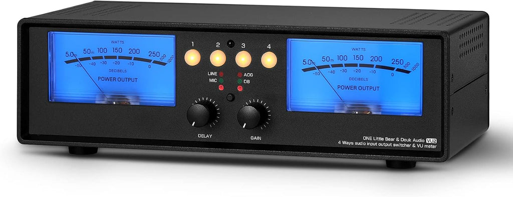 Douk Audio VU2 MIC & Line Dual VU Meter, Analog Sound Level Indicator, 4-Way Splitter Switch, Audio Switcher Box for Speaker/Amplifier/Preamp (Blue Version)