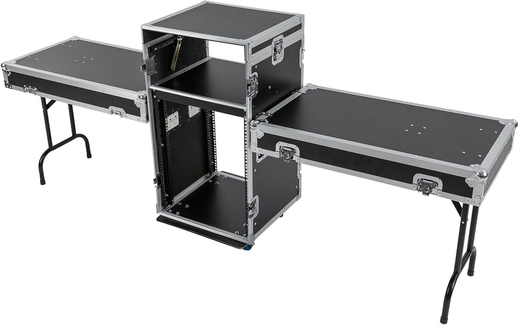 14U PA DJ Rack with 2 DJ Table Tops - Mobile Studio Rack Cabinet With Wheels for Live Sound, Recording Equipment & Network Systems, Heavy Duty Steel Construction - 660Lbs