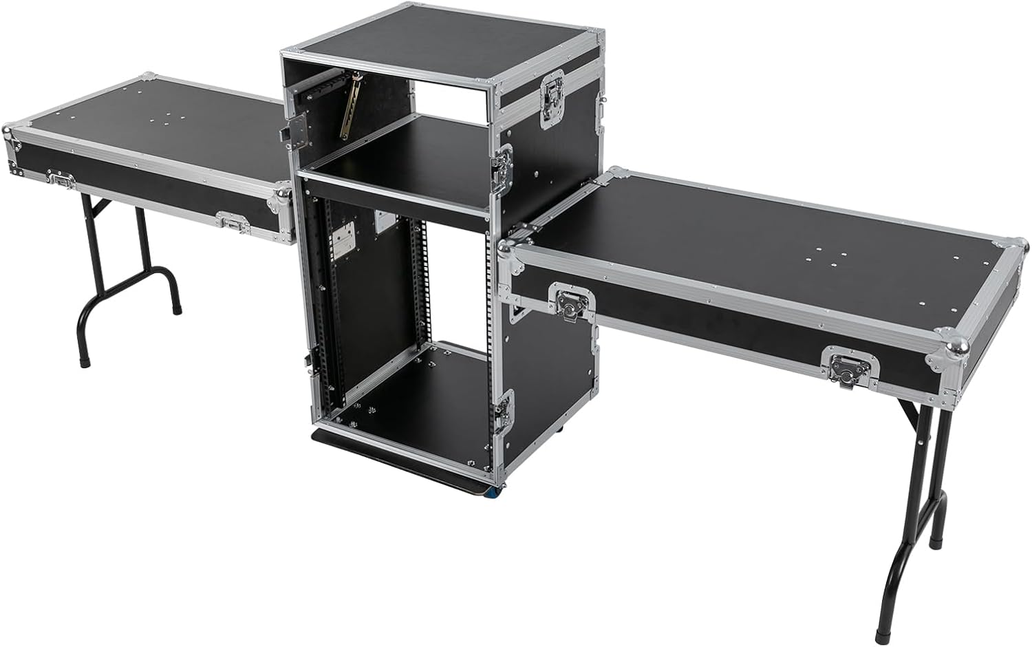 14U PA Audio Rack 2 Tiers Studio Rack with 2*DJ Table Tops, Mobile Flight Case Frame Server Rack with Wheels DJ Table DJ Rack for Studios Parties KTVs