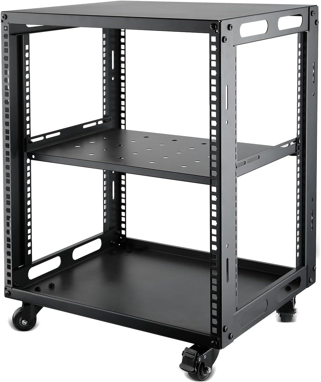 12U Open Frame Server Rack with Wheels Free Standing Network Server Rack for Servers & AV Gear Black