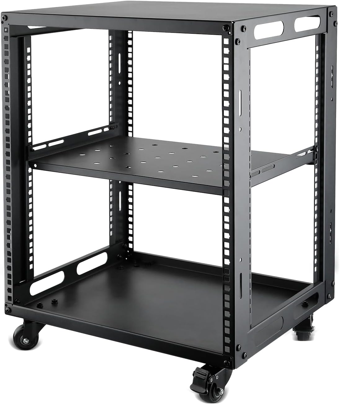 12U Open Frame Server Rack with Wheels Free Standing Network Server Rack for Servers & AV Gear Black