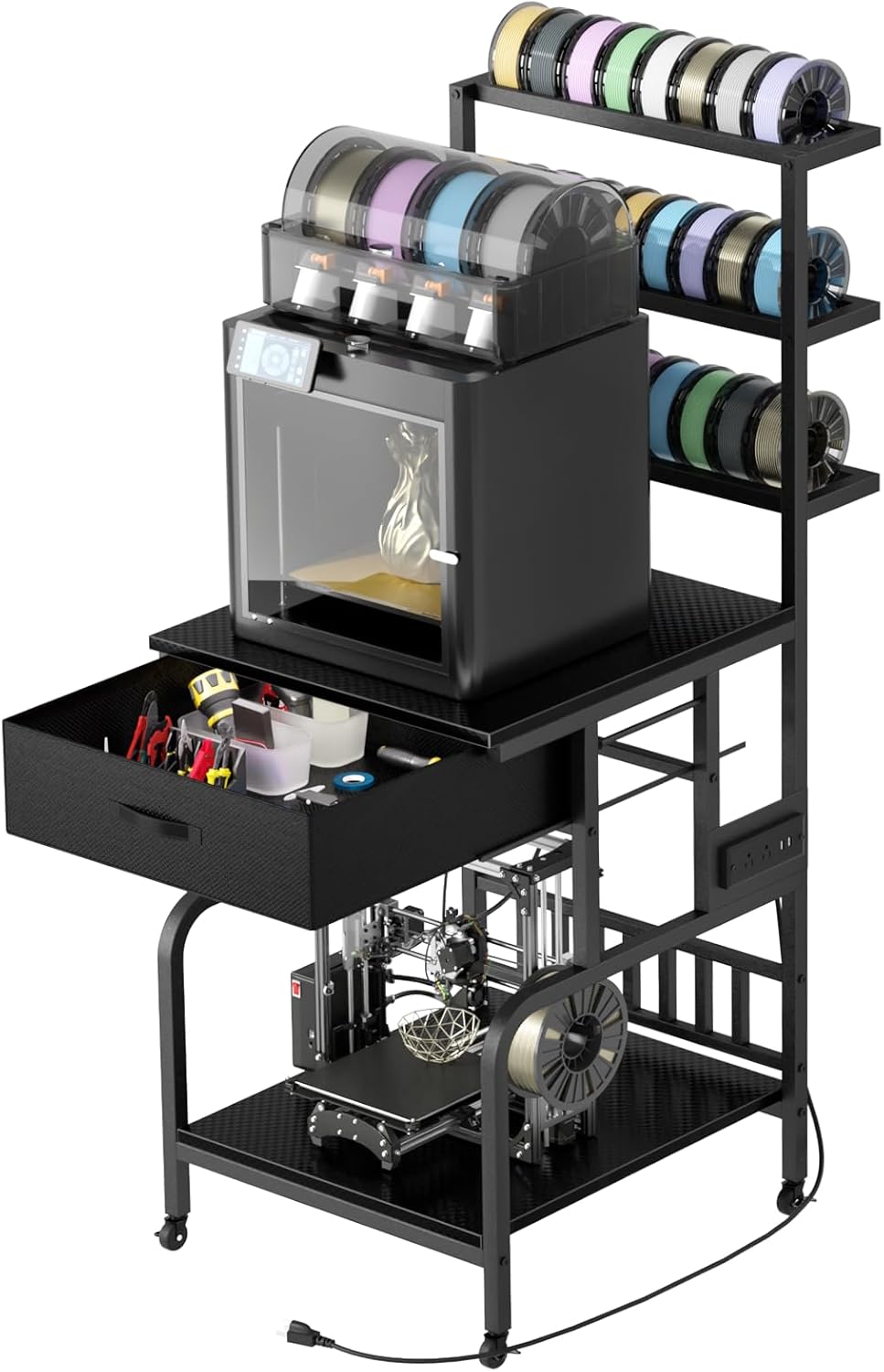 3D Printer Stand with Filament Storage,3D Printer Rack with Storage Drawer，Heavy-Duty 3D Printers Table with Power Outlet，for ABS/PLA/TPU Spools, Home Office Studi