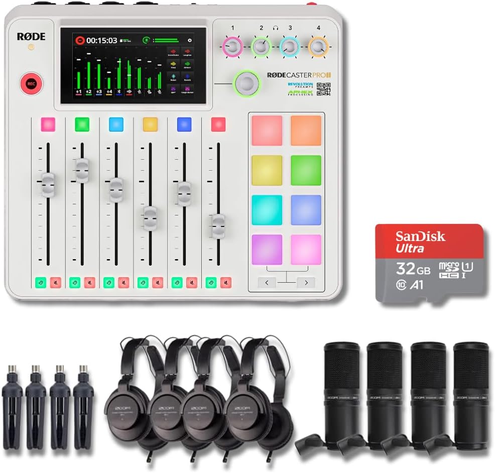 Rode RODECaster Pro 2 (White) Audio Production Studio Bundle with 4x Zoom ZDM-1 Podcast Mic Packs, 32GB microSD Card and StreamEye Polishing Cloth