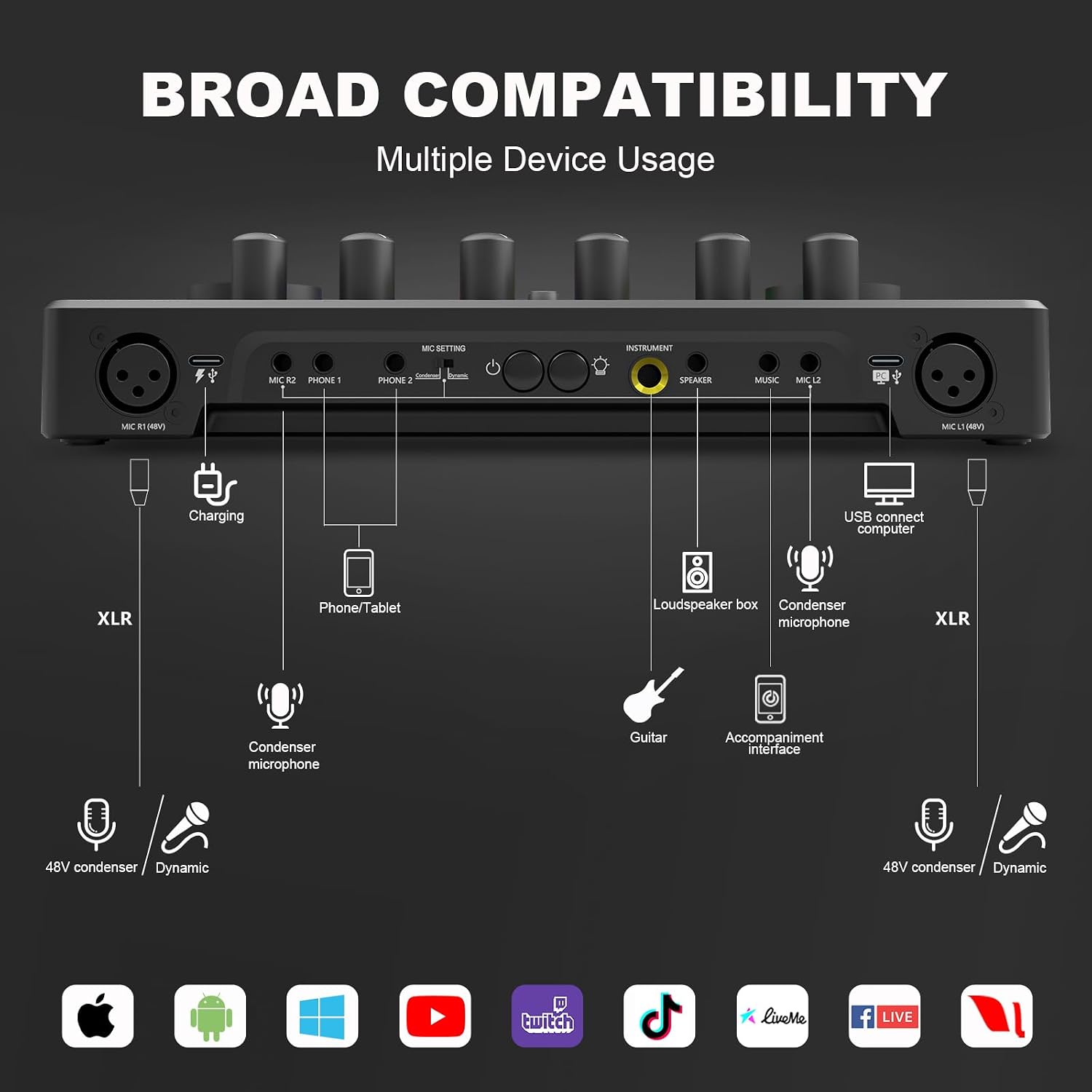 Podcast Equipment Bundle for 2, Audio Interface DJ Mixer with 48V XLR Condenser Microphone, RGB,Voice Change, for Streaming, Podcast Recording,Tiktok,PC, Smartphone COMMANDER M100 3rd