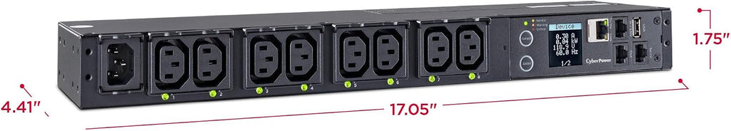 CyberPower PDU41004 Switched PDU, 100-240V/12A, (Derated to 12A UL /10A CE), 8 Outlets (C13), Input (C14) 10 ft. Cord, 1U Rackmount, 3 Year Warranty - Black