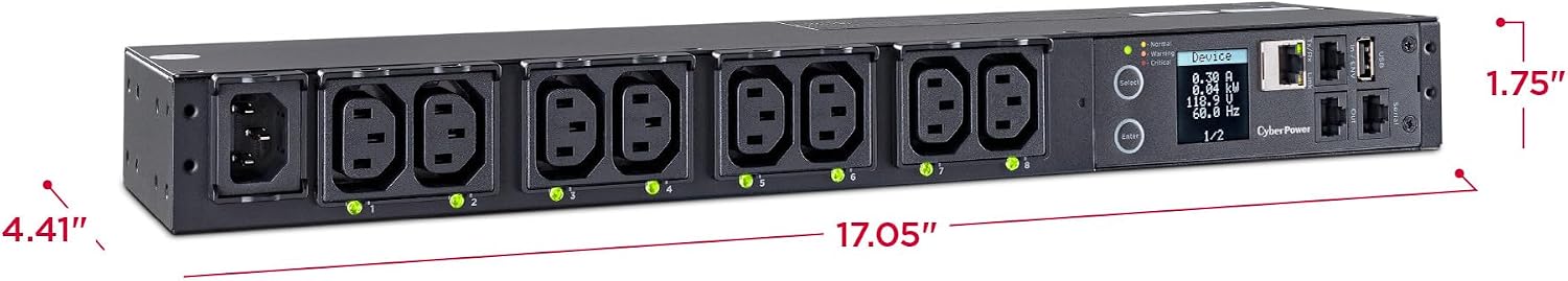 CyberPower PDU41004 Switched PDU, 100-240V/12A, (Derated to 12A UL /10A CE), 8 Outlets (C13), Input (C14) 10 ft. Cord, 1U Rackmount, 3 Year Warranty - Black