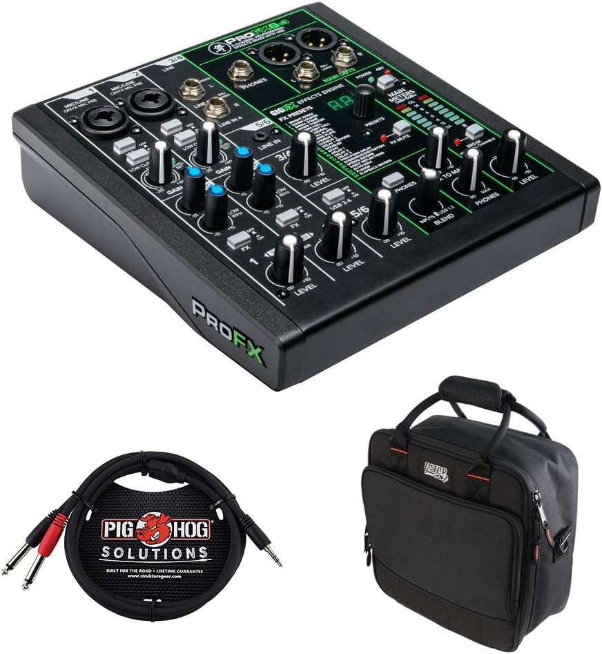 Mackie ProFX6v3 6-Channel Sound Reinforcement Mixer with Built-In FX, Gator Cases G-MIXERBAG-1212 Mixer Bag & Stereo Cable 10' Bundle