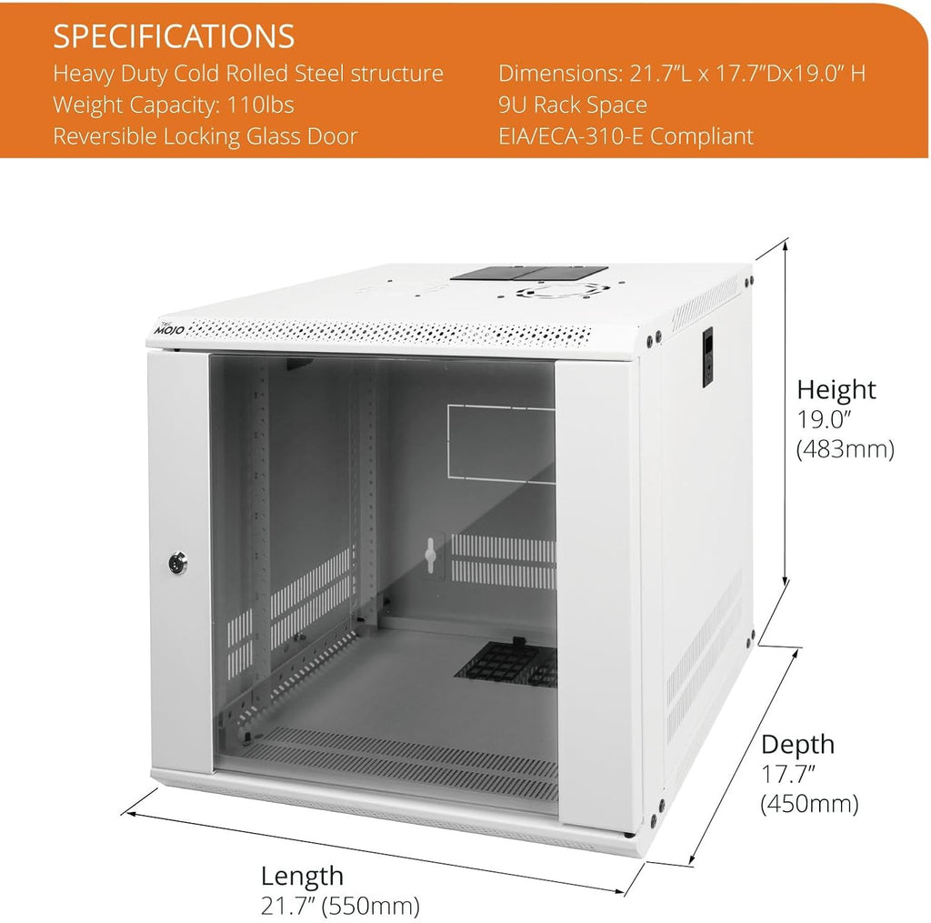 Tecmojo 9U Wall Mount Rack Network Cabinet for 19' IT Equipment,with Lockable Glass Door and Side Panels,Cooling Fan,17.7inch Depth,White,Computer/Electronics Equipment Data Rack
