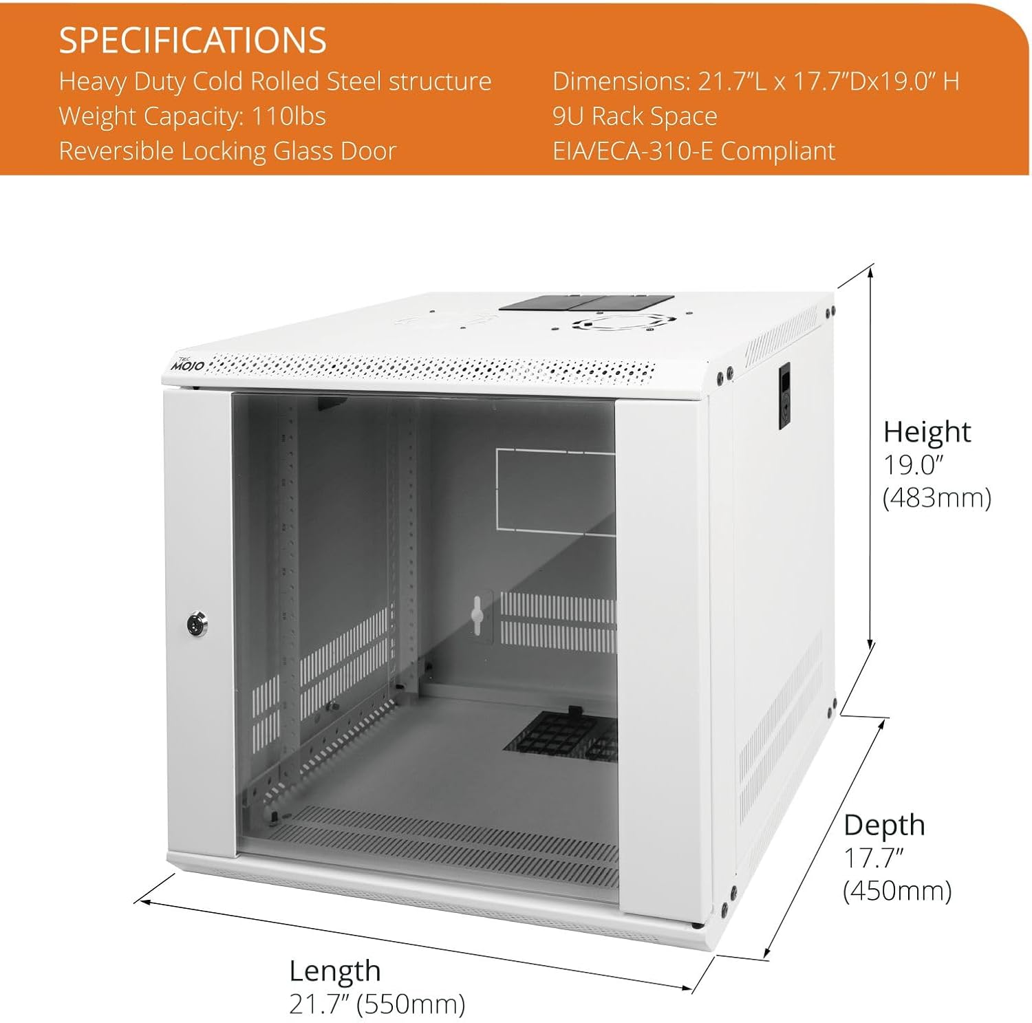 Tecmojo 9U Wall Mount Rack Network Cabinet for 19' IT Equipment,with Lockable Glass Door and Side Panels,Cooling Fan,17.7inch Depth,White,Computer/Electronics Equipment Data Rack