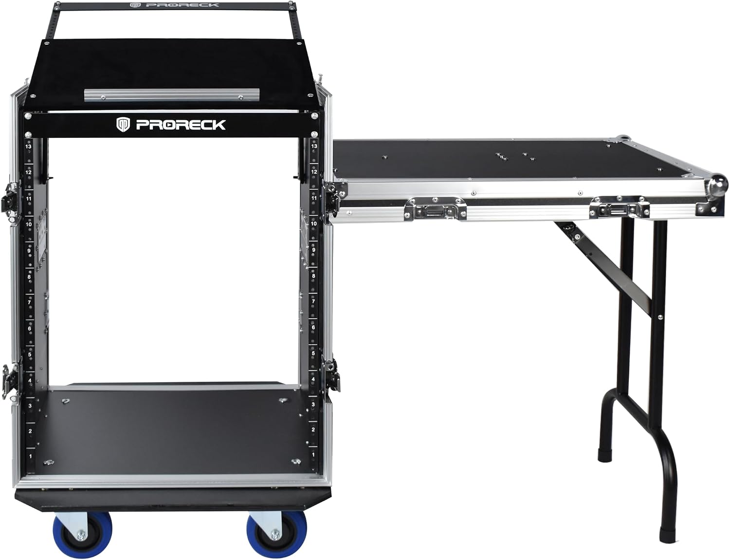 PRORECK 14U Rack/Road Case With Slant Mixer Top, One Side Table And Casters, 20'' Rackable Depth, Plywood, 14U Installation Size, Pro Stage Performance.