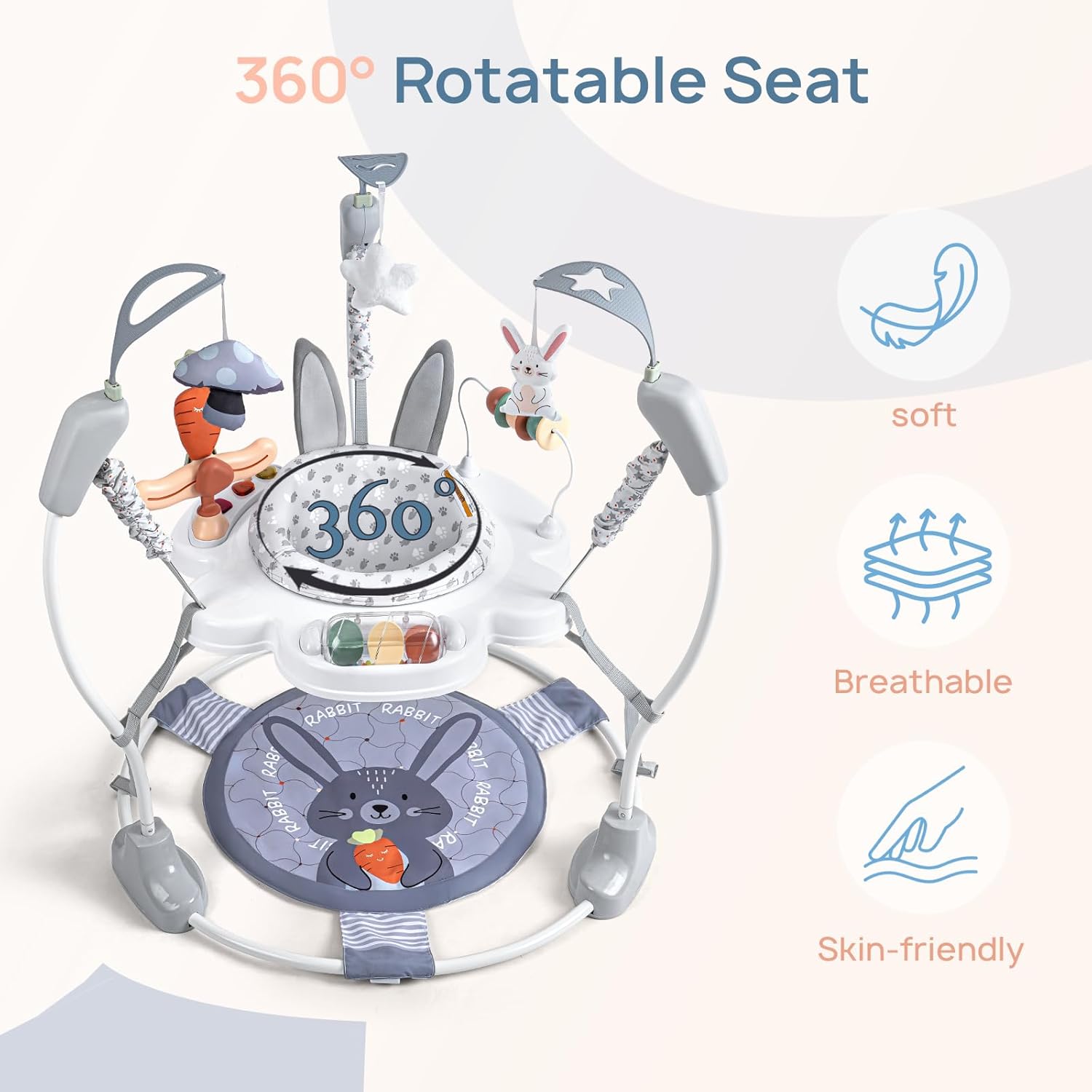 Baby Activity Center, Baby Jumper Activity Center with Music, Interactive Toys, 360° Rotating Seat, 3 Adjustable Heights, Infant Activity Jumper for 6+ Months (Rabbit)
