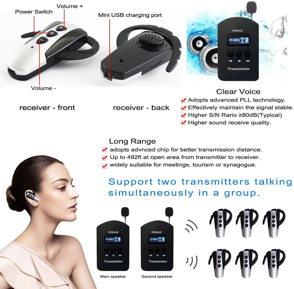 EXMAX EXD-6824 Wireless Tour Guide System Audio Transmission Kit Church Translation Translator in Ear 9999 Channels for Listening Teaching Traveling Museum Conference - 2 Transmitters 20 Receiver Case