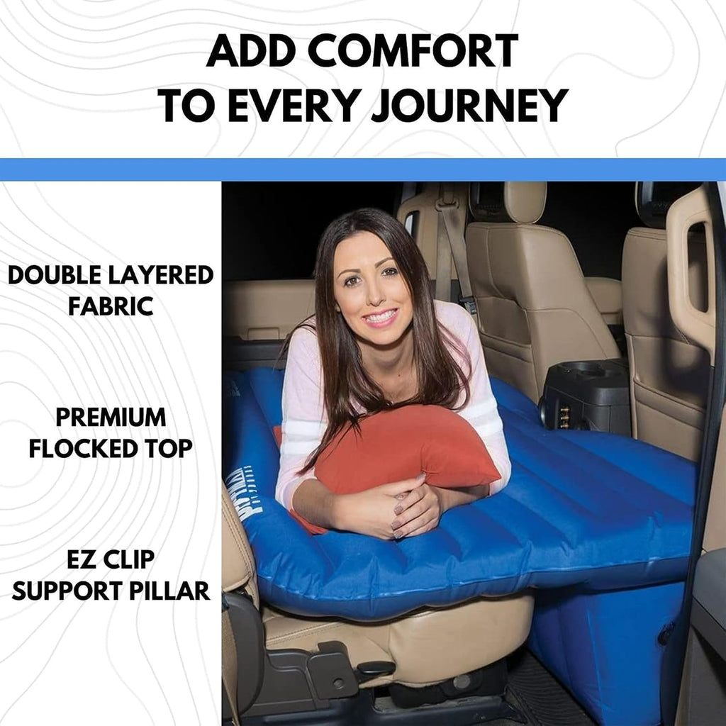 Pittman Outdoors Backseat Bed Air Mattress – 60' Rear Seat Air Mattress for Trucks, Vans & Large SUV – Includes Pump, Pillow & Storage Bag – Inflatable Back Seat Air Mattress – Blue