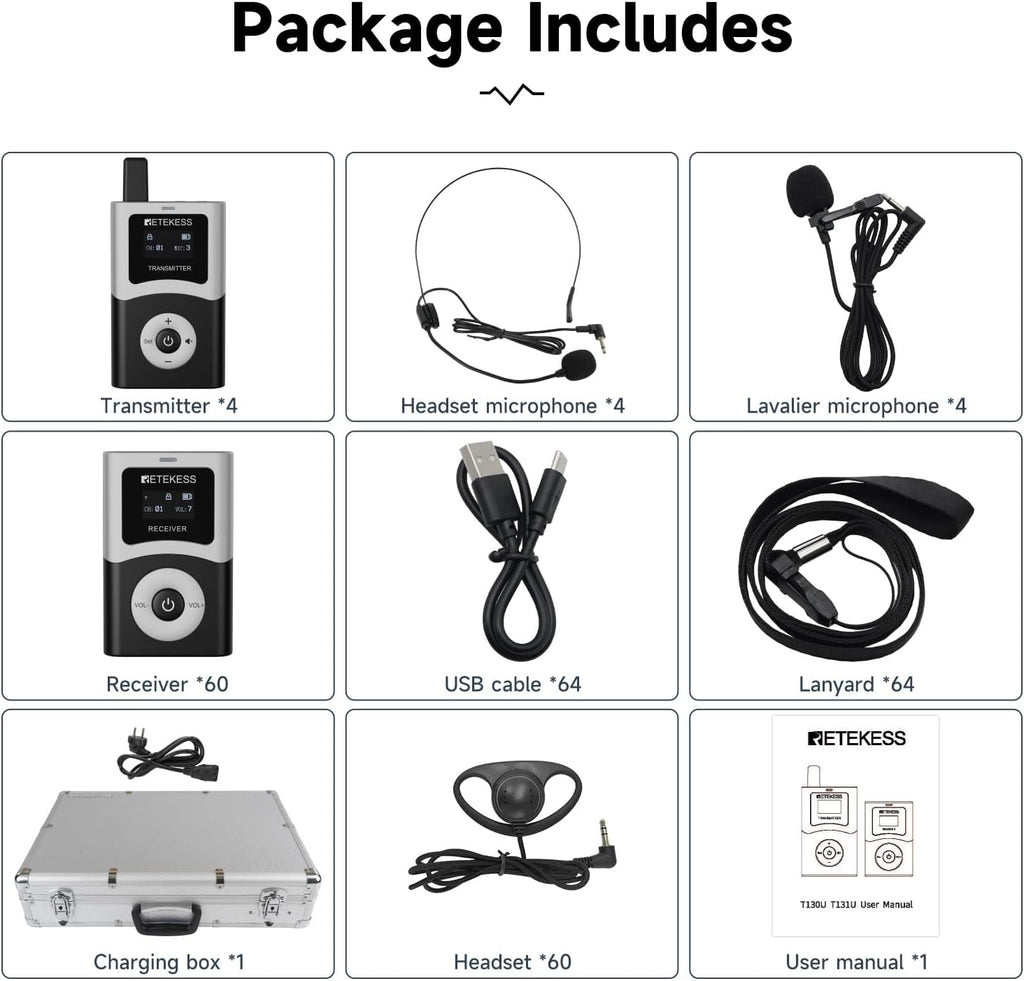 Retekess T130U(4nd Gen T130) Audio Tour Guide System, U-Band Digital Mode, 60-Slot Charge Case, 200m, 40h, Wireless Tour Guide Microphone and Speaker, for Tourist Groups(4 Transmitter 60 Receivers)