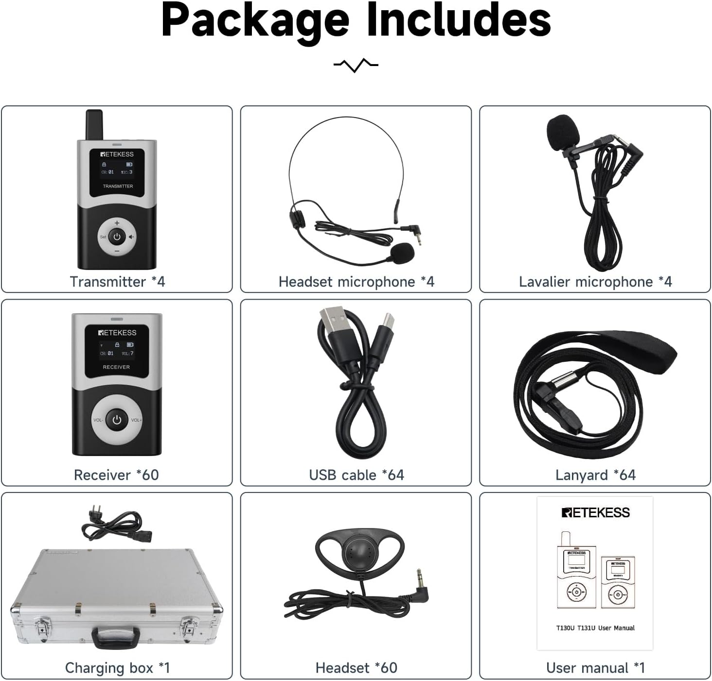 Retekess T130U(4nd Gen T130) Audio Tour Guide System, U-Band Digital Mode, 60-Slot Charge Case, 200m, 40h, Wireless Tour Guide Microphone and Speaker, for Tourist Groups(4 Transmitter 60 Receivers)