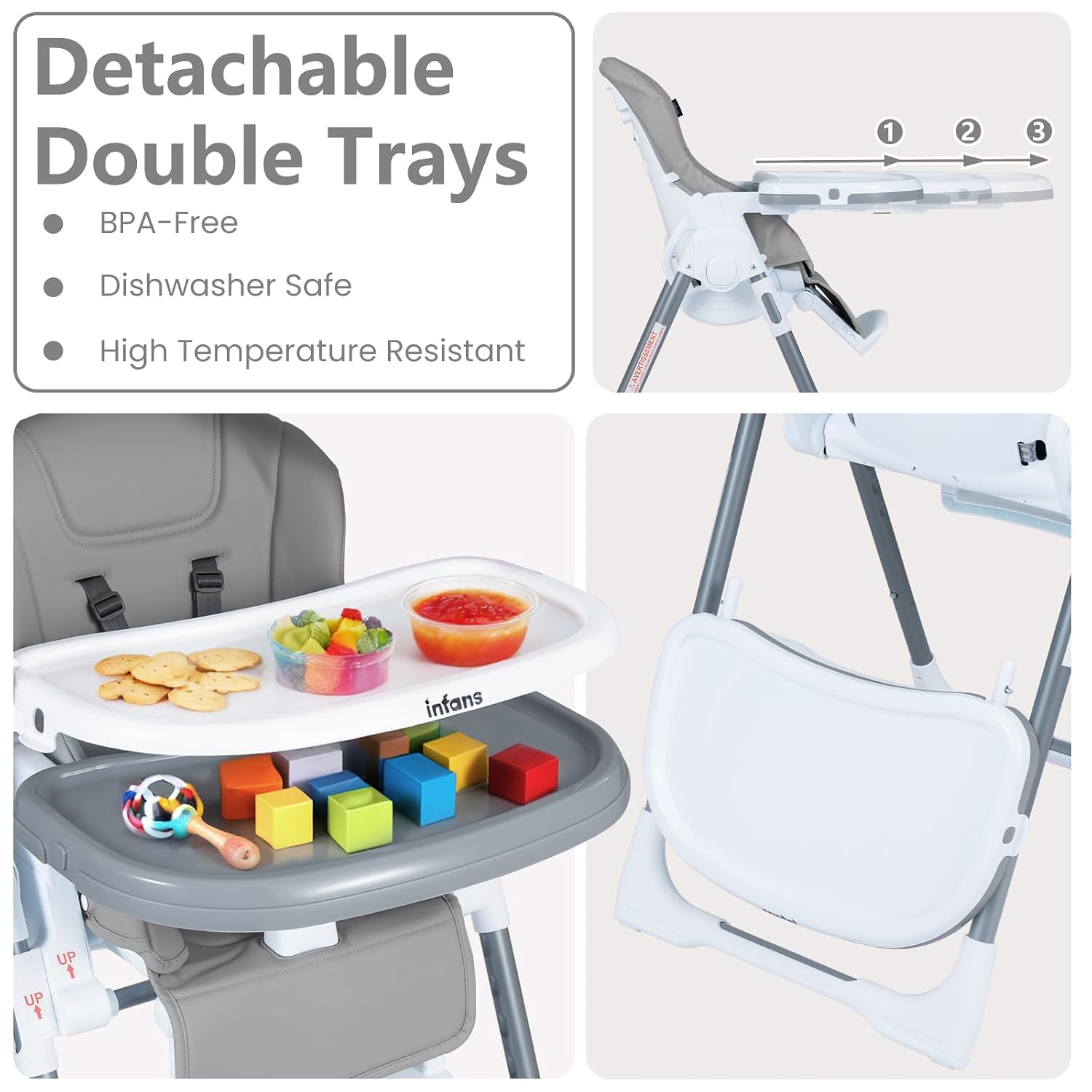INFANS High Chair for Babies and Toddlers, Foldable Highchair with 7 Different Heights 4 Reclining Backrest Seat 3 Setting Footrest, Removable Tray Built-in Rear Wheels with Locks