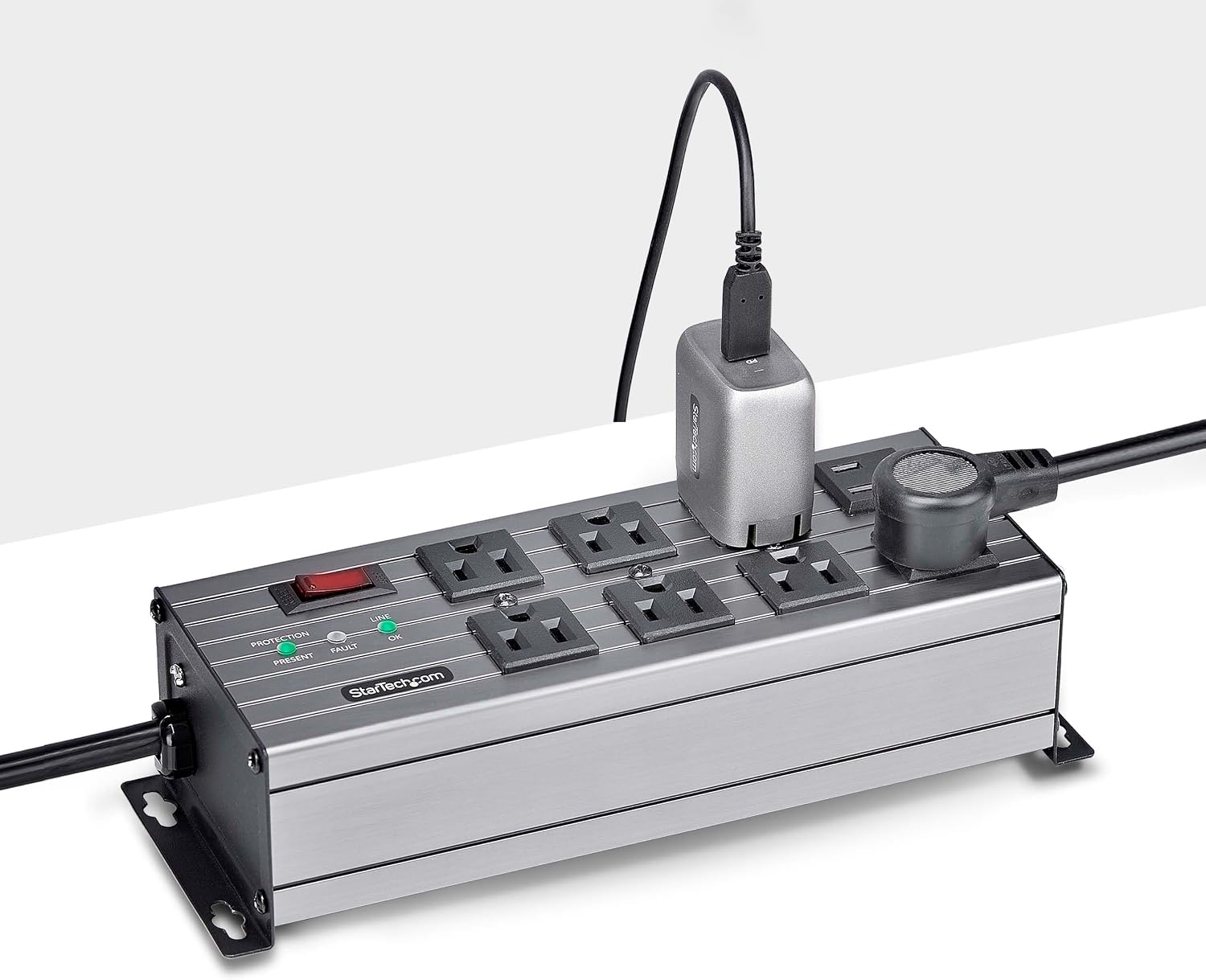 StarTech.com Flat Plug 8-Outlet Heavy Duty Industrial Power Strip 125V/15A with Surge Protector, EMI/RFI Isolation, Mountable PDU, 12ft/3.6m Extension Power Cord, NEMA 5-15P/R, TAA