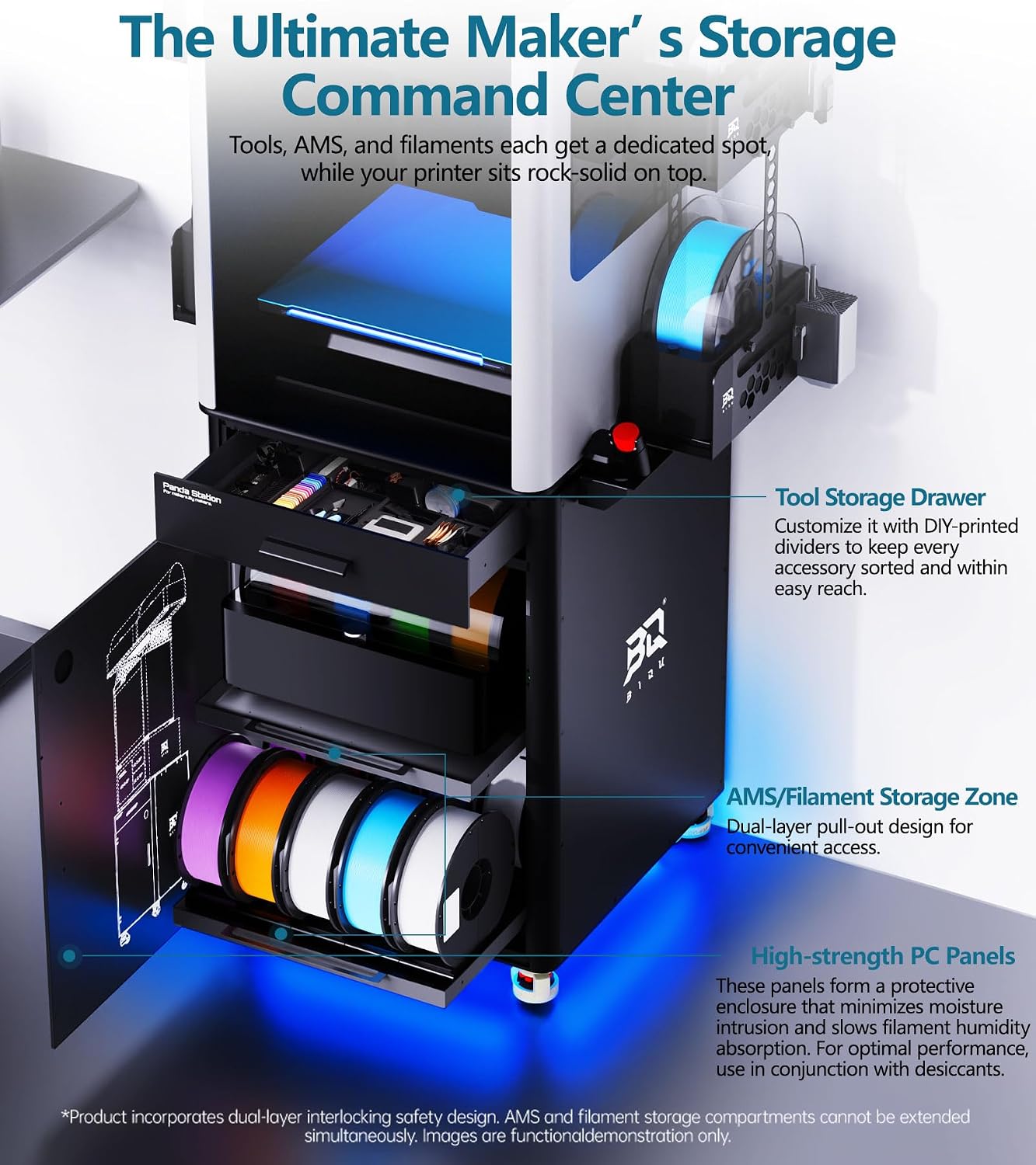 BIQU Panda Station 3D Printer Working Stand Cabinet with Filament/AMS/Tools Storage for Bambu-Lab Printers, Movable and Lockable Workstation for 3D Printing Farms Workshop, Space Saving