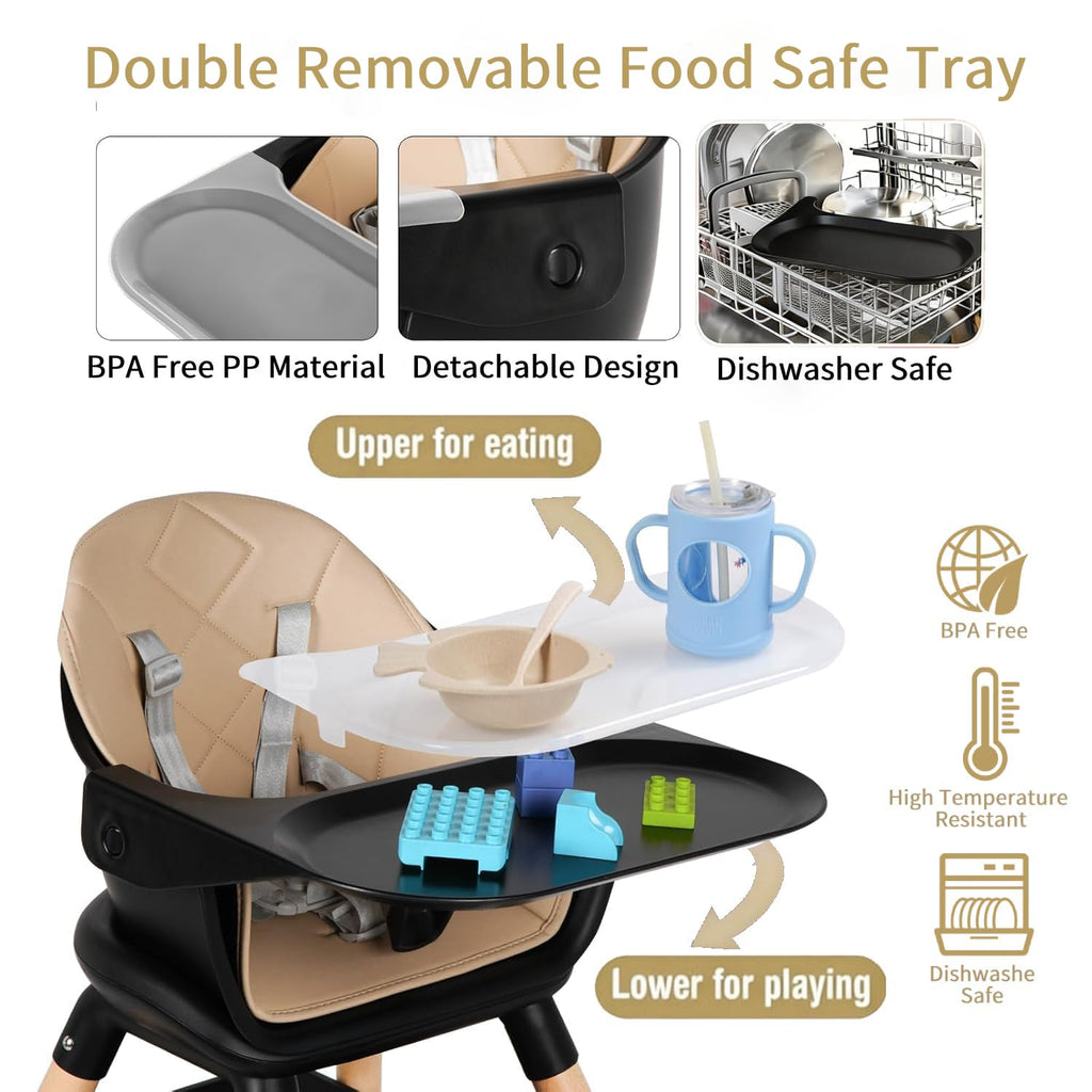 6 in 1 Baby High Chair, Convertible Wooden High Chairs/Booster Seat for Babies and Toddlers, Baby Feeding Chair with 5-Point Harness/Double Removable Tray & Adjustable Footrest (Black)