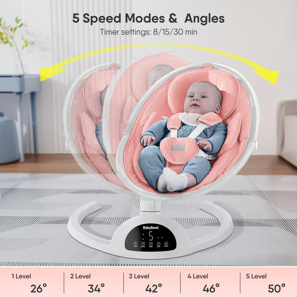 BabyBond Baby Swings for Infants, Bluetooth Infant Swing with Music Speaker, 3 Seat Positions, 5 Point Harness Belt, 5 Speeds and Remote Control - 1 Pcs (Pink)