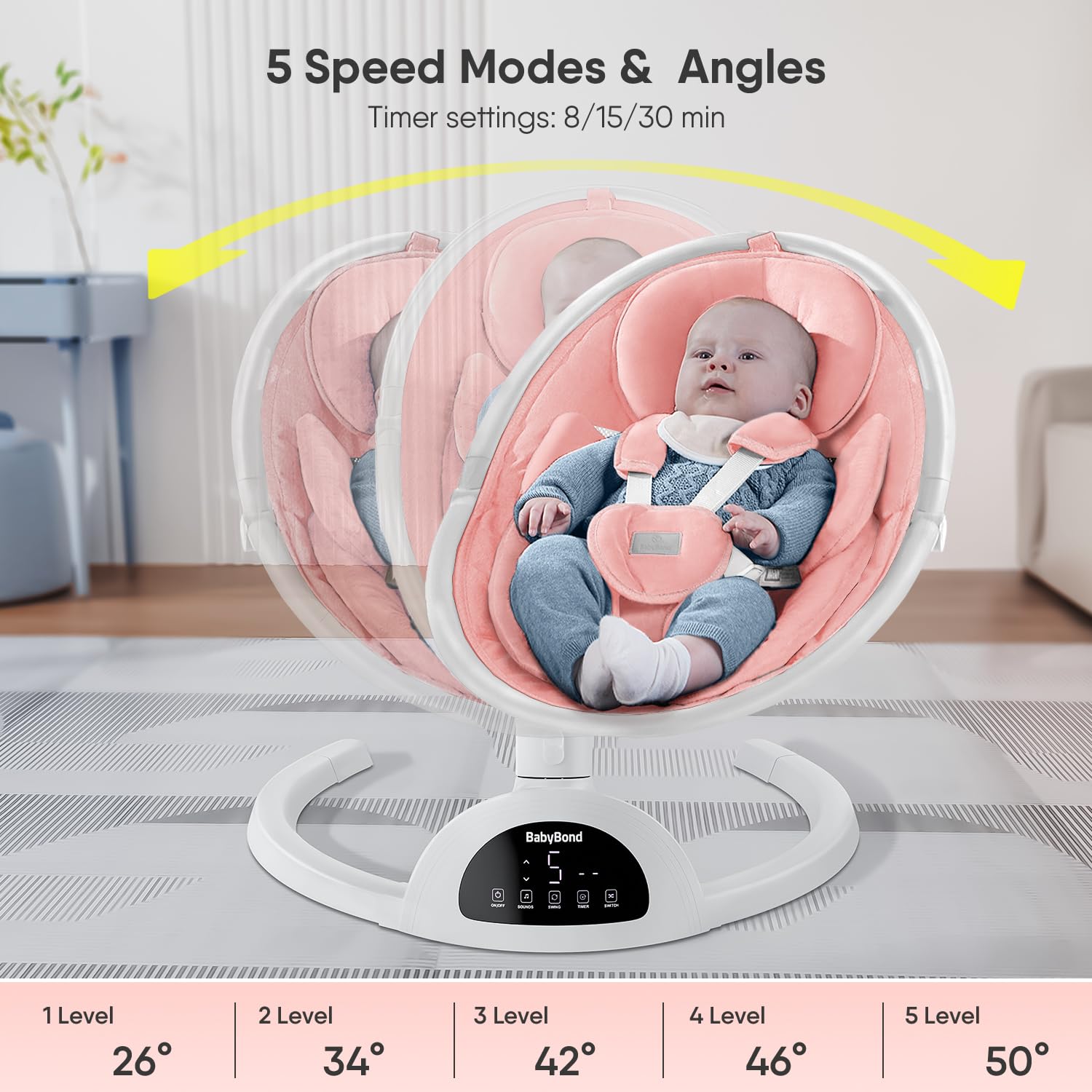 BabyBond Baby Swings for Infants, Bluetooth Infant Swing with Music Speaker, 3 Seat Positions, 5 Point Harness Belt, 5 Speeds and Remote Control - 1 Pcs (Pink)