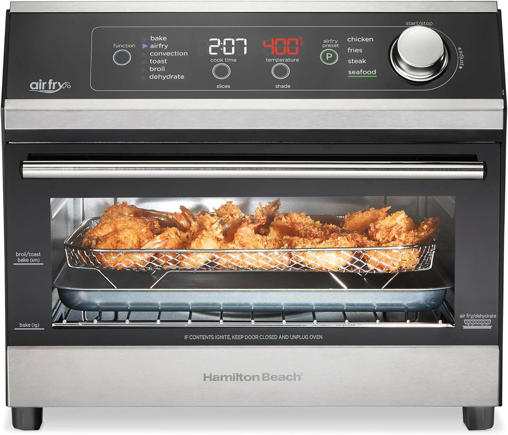 Hamilton Beach Digital Air Fryer Toaster Oven Combo, 10 Ways to Cook, 4 Preset Functions, Stay On & 1800 Watts, LED Capacitive-Touch Controls, 2 Rack Positions, Fits 12' Pizza, Black & Stainless Steel