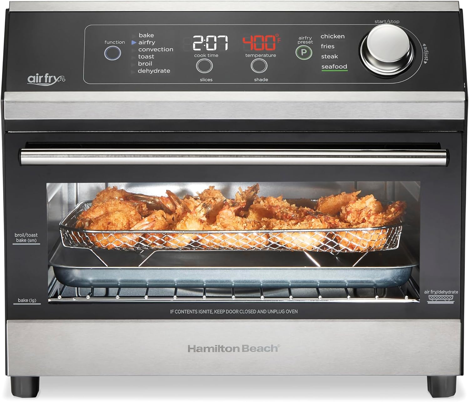 Hamilton Beach Digital Air Fryer Toaster Oven Combo, 10 Ways to Cook, 4 Preset Functions, Stay On & 1800 Watts, LED Capacitive-Touch Controls, 2 Rack Positions, Fits 12' Pizza, Black & Stainless Steel