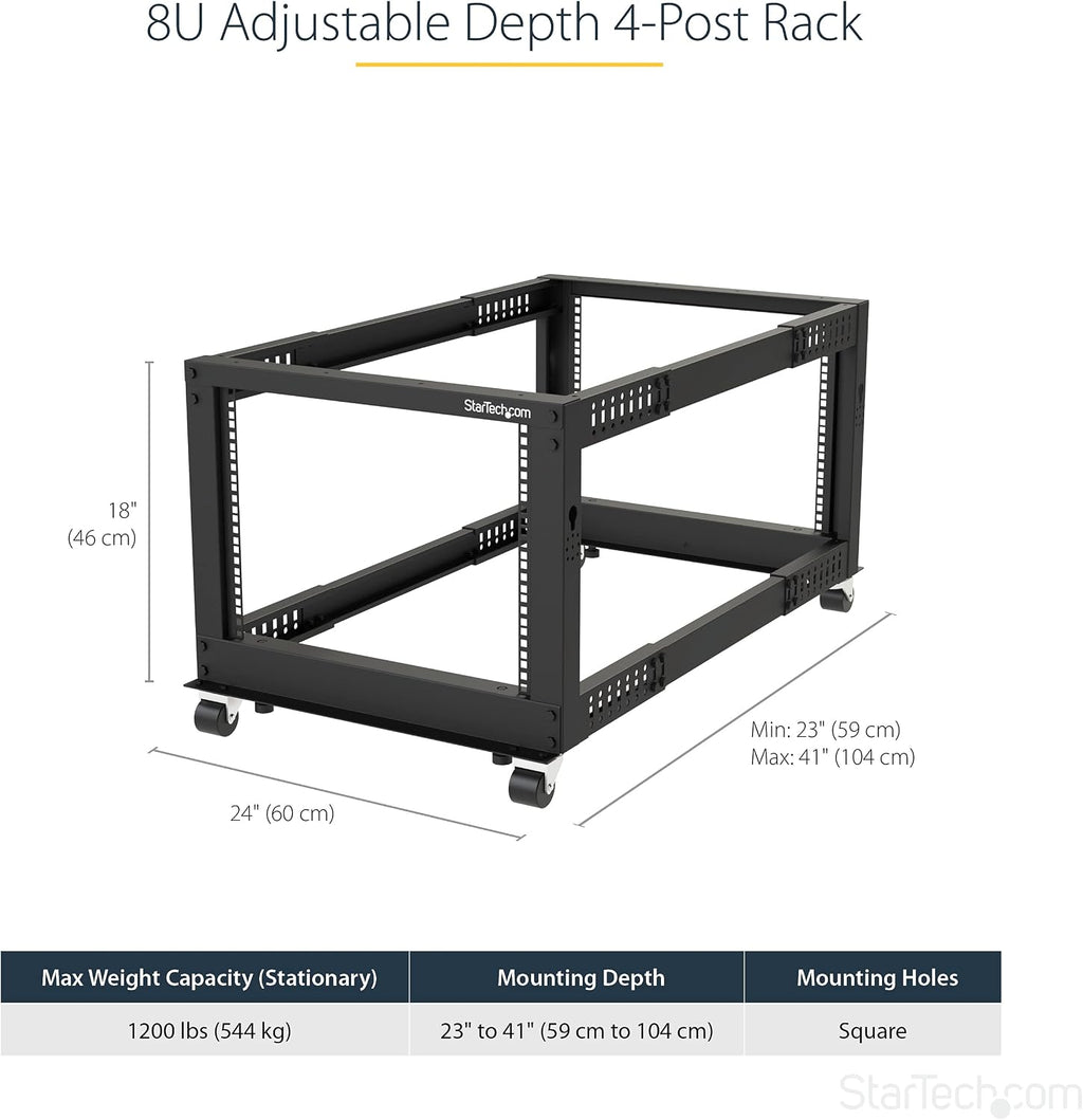 StarTech 8U 4-Post Server Rack, 19in Open Frame Rack with 40in (101cm) Mounting Depth and 1200lb (544kg) Weight Capacity, Mobile or Floor Mount IT Rack