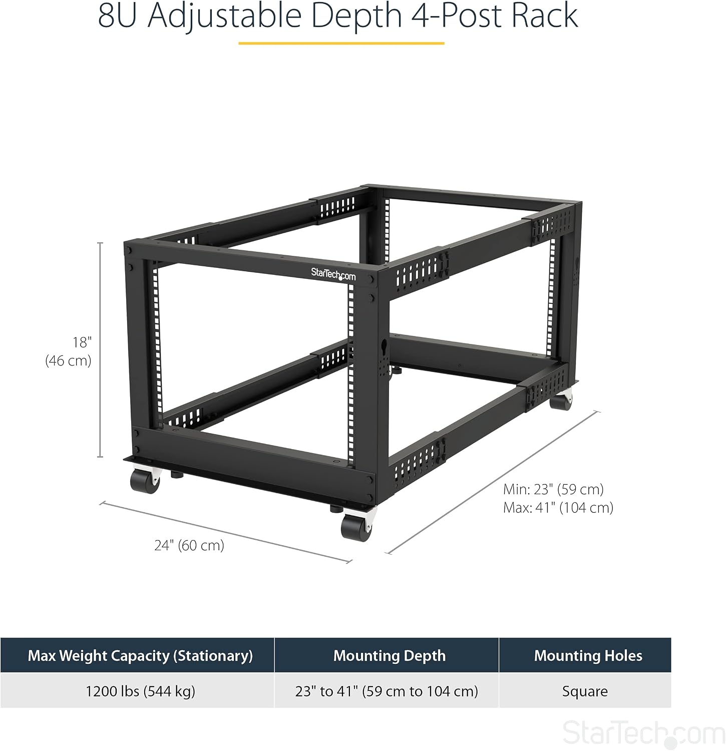 StarTech 8U 4-Post Server Rack, 19in Open Frame Rack with 40in (101cm) Mounting Depth and 1200lb (544kg) Weight Capacity, Mobile or Floor Mount IT Rack