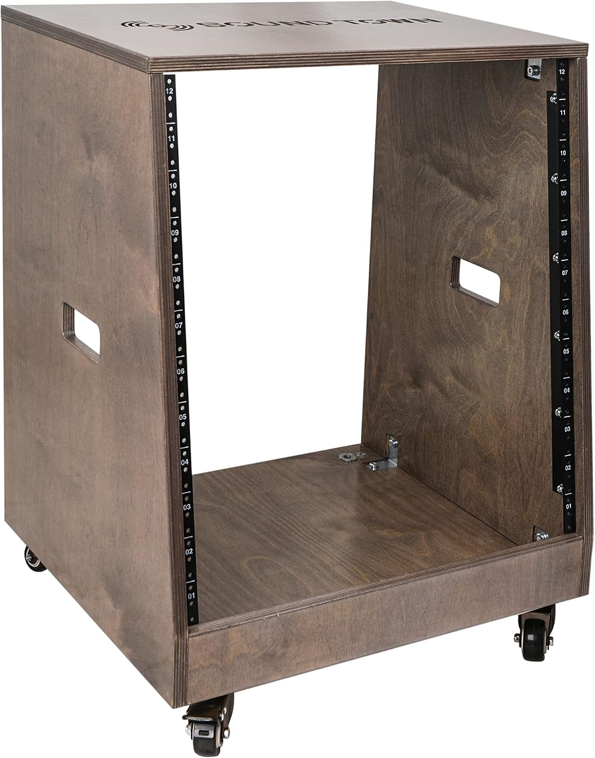Sound Town DIY Solid Baltic Birch Plywood Slanted 12U Studio Rack, Weathered Brown, Rubber Feet, Casters (SDRK-12TB)