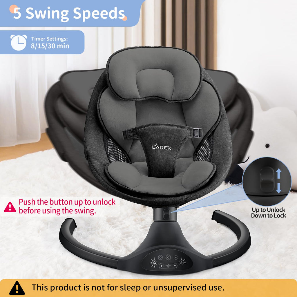 LAREX Baby Swing Infant Swing Electric Toddler Baby Rocker Portable for Newborn Boy Girl, 5 Sway Speeds with Remote Control, 10 Preset Melodies and Bluetooth, 0-6 Months Max 20 Lbs