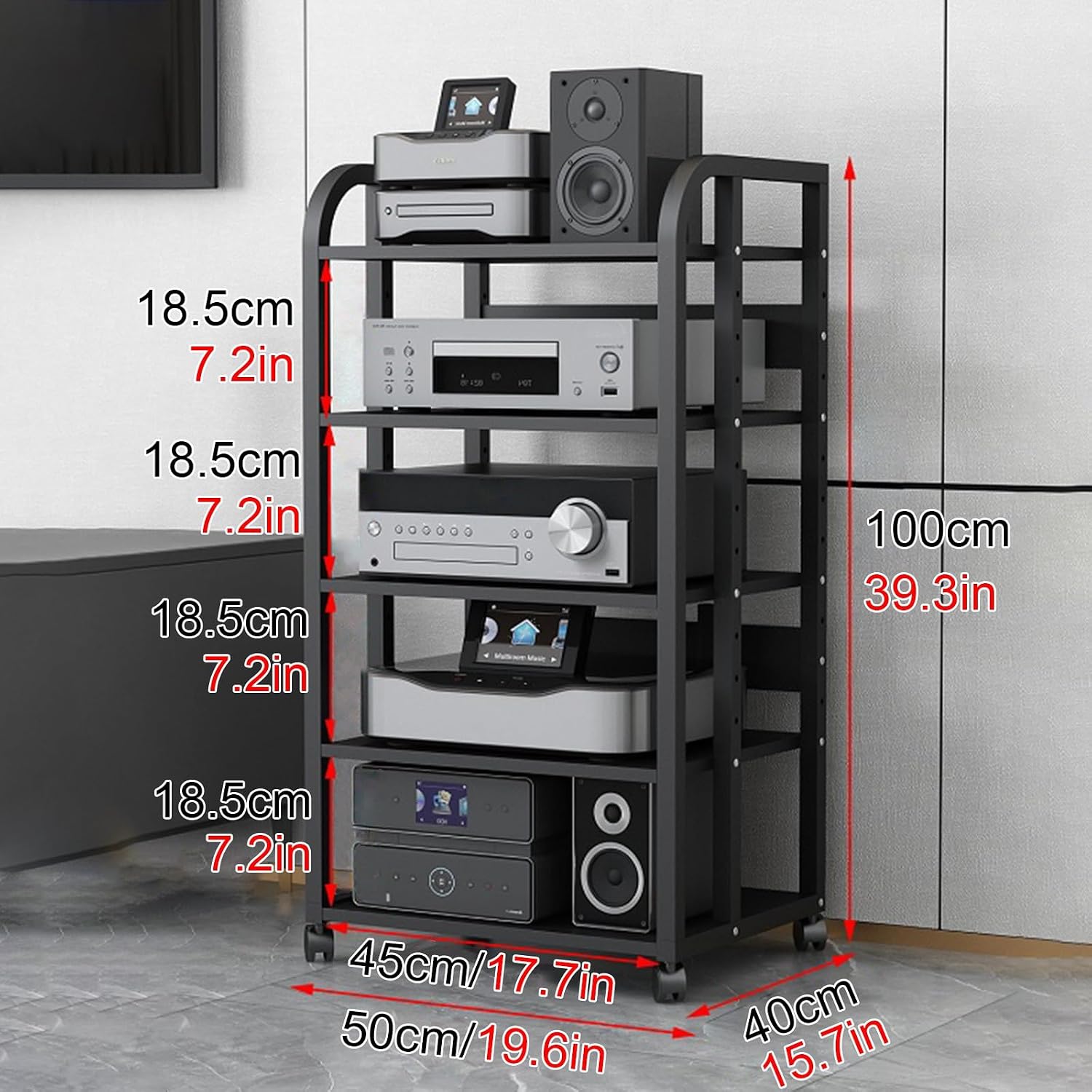 WDJBPSH Rolling Audio Equipment Storage Cart, Heavy Duty Media Rack with Height Adjustable Wooden Shelf, Office Bedroom Living Room Av Stereo Rack, Space-Saving (Size : 5 Tier-H100cm/39.3in)